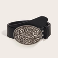 Retro-Ledergürtel in Schwarz mit großer, floral gravierter ovaler Metallschnalle - Schwarz