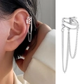 Clip orecchio fiocco argento con tripla frangia a catena delicata per orecchie non forate - Ear Cuff Singolo con Frangia per Orecchio Destro