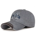 Vintage dark grey washed cotton baseball cap with blue M embroidery and brown leather brim - Adjustable / Gray
