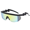 One-piece sport sunglasses with black lightning bolt temples and colorful gradient lenses - Black Frame Gold Mirror