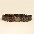 Western style belt with vintage brass animal buckle and dark brown studded round leather discs - Bronze Mixed Brown Coffee