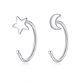Minimalist S999 sterling silver asymmetric star and moon stud earrings in polished silver - Star Moon Earrings