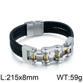 Pulsera de cuero trenzado negro con cadena de acero oro y plata y cierre magnético - Estilo A Bicolor (KB82290-BD)