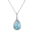 Bohemian 925 silver necklace with teardrop-shaped sky blue natural stone pendant - Aquamarine, White Gold Plated, Approx. Weight 1.45g