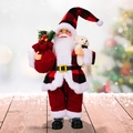 Standing Santa Claus doll in red buffalo plaid suit holding teddy bear and gift bag - Red and Black Plaid / 30cm