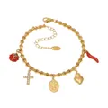 Detailansicht eines 18k vergoldeten Armbands mit Marienkäfer- und Kreuzanhängern - Gold DIY Charm-Fußkettchen (Marienkäfer/Kreuz/Jungfrau Maria/Herz/Chili)