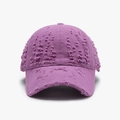 Distressed purple washed cotton baseball cap with torn details and a curved brim style - Adjustable / Purple