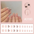 Pink press-on nails set with black heart patterns and silver glitter sequins 24pcs - Pink Black Heart & Glitter Style - Glue Version (A3183)