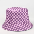 Detailed view of purple checkerboard pattern on soft cotton reversible bucket hat fabric - M / Purple