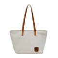 Durable beige canvas tote bag with dark brown shoulder straps and leather detail - Off White