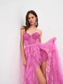 Vestido palabra de honor rosa fucsia con falda de tul a capas y corpiño de encaje - M / Rosa Rojo