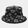 Detailed view of denim bucket hat with floral jacquard pattern and frayed raw edges - One Size / Black