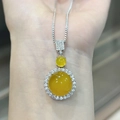 Close-up of a silver necklace with a round yellow chalcedony pendant and crystal halo - Yellow Chalcedony Pendant Only (Without Chain)
