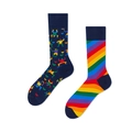 Cartoon crew socks featuring dancing figures and colorful rainbow stripes design - Rainbow People