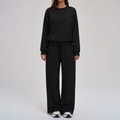 Women's black two-piece casual tracksuit with drawstring wide-leg pants and sweatshirt - S / Premium Black (Long Pants Set)
