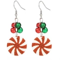 Christmas drop earrings featuring red and white candy pendants with festive colorful bells - US Size 9