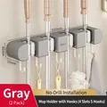 Gray wall-mounted mop holder with 4 slots and 5 hooks in 325mm length and 55mm width - 4 Clips 5 Hooks Gun Grey 2Pcs