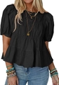 Detail of layered ruffles and pleats on the hem of a black puff sleeve babydoll blouse - Black