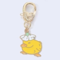 Cute yellow duck keychain with white flower hat and golden heart-shaped lobster clasp - White Hat Yellow Duck