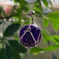 Natural purple crystal stone pendant with silver stainless steel mesh chain necklace - Amethyst