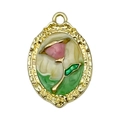 Vintage gold oval pendant with pink rose enamel and green leaves on beige background - Yellow-Green Gold-Sprinkled Rose-24433