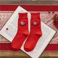 Red festive cotton socks with lucky cat embroidery and wave edge design on vintage book - Fortune Cat