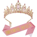 Birthday Queen set with pink crystal gold crown and pink glitter sash for party - Rose Gold Pink Crystal (Queen)