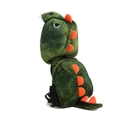 Detail of green plush dinosaur backpack featuring orange spikes and a matching hood - Green