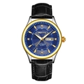 Men's blue dial quartz watch with gold case, day-date window and black leather strap - Gold Case Blue Dial Black Leather Strap
