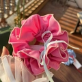 Pink fabric scrunchie with light blue bow detail held in hand under warm sunlight - Pink Scrunchie with Blue Ribbon Bow