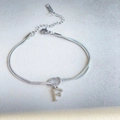 Silver stainless steel double chain knot bracelet with initial F letter pendant - Silver-F