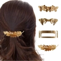 Set of 4 gold metal hair clips in feather, butterfly, bow, and rectangle shapes - Set 5 (4 Pieces)