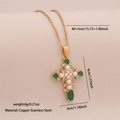 Gold cross necklace featuring green gemstone and white pearls on copper stainless steel - Pearl and Green Gem Style (9#)