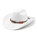 Classic white wool felt fedora hat with colorful ethnic beaded band on a white background - M (56-59cm) / White