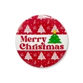 Dettaglio della spilla natalizia da 58mm in latta con scritta Merry Christmas - Rosso con albero a punti colorati (2) / 5.8cm