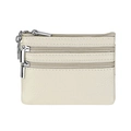 Creamy beige genuine leather coin purse with multi-layer zippers and a silver keychain ring - Milky White