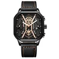POEDAGAR multifunction men's quartz watch with black square case and leather strap - Black Case Gold Markers Leather Strap