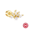 S925 sterling silver gold flower earring with white zircon and pearl inlay - Pearl Lotus