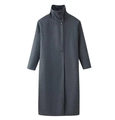 Detail view of the high stand collar and thick wool texture of the grey trench coat - S / Tops / Gray