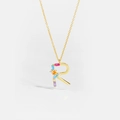 Detailed close-up of golden S925 silver necklace featuring a colorful zircon letter R pendant - 925 Silver / Letter R