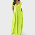 Women's summer plus size maxi dress in neon green with deep V-neck and short sleeves - 4XL / Fluorescent Green