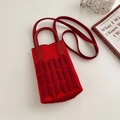 Red knitted sunflower mini tote bag with dark red geometric patterns and shoulder strap - Wine Red Wheat Ear