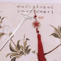 Chinese sword hair pin with red tassel and silver metal cloud pattern design - Sword Tassel-Red