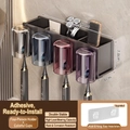 Wall-mounted gray toothbrush holder set with four colorful translucent cups and storage - 4-Cup Style-Gun Grey-Space Aluminum