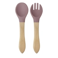 Baby silicone spoon and fork set in purple pink with ergonomic natural wood handle - Wooden Handle Spoon and Fork Set / Lotus root pink