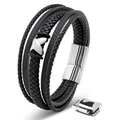 Men's multi-layer black braided leather bracelet with silver magnetic buckle and charm - Five-layer X Style / Steel