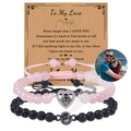 Pink quartz and black lava stone couple bracelets with photo projection charms - Pink Bead & Black Lava Stone Set (Couple Bracelet-10)