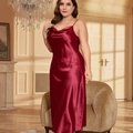 Plus Size weinrotes Satin-Nachthemd mit Spaghettiträgern und seidigem Glanz-Finish - 1XL / Rot