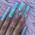 Lange blaue matte Press-on-Nägel mit 3D-Blumen, Kristallschmetterlingen und Glitzer - Kleber Stil (SGCY-300)