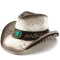 Chapeau de cowboy en paille style bohème avec broderie et pierre turquoise sur fond blanc - M (56-58cm) / Blanc